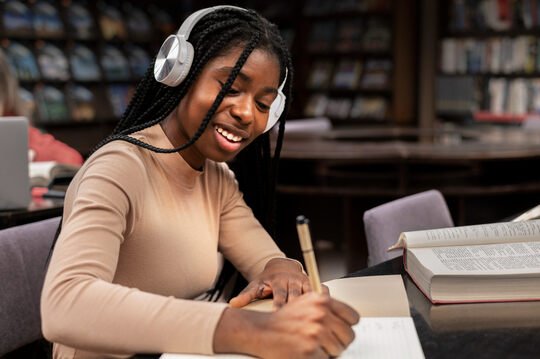 Student listening attentively to IELTS audio exercises